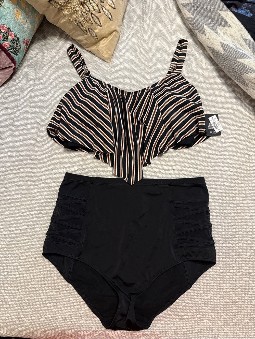 Torrid Striped Flounce Swim Top with High-Waist Black Bottoms Set Plus Size 0